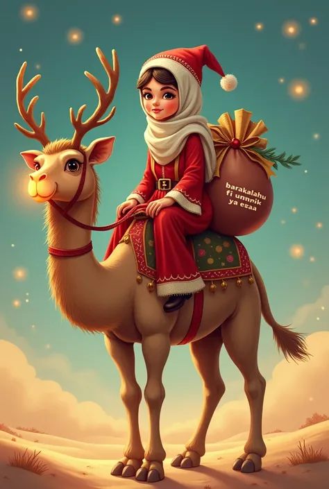 santa clause is an arabic girl wearing hijab and riding rudolf which is a camel with antlers and (glowing shiny nose), santa has a bag of present that say "Barakallahu fii umrik ya Eesaa"