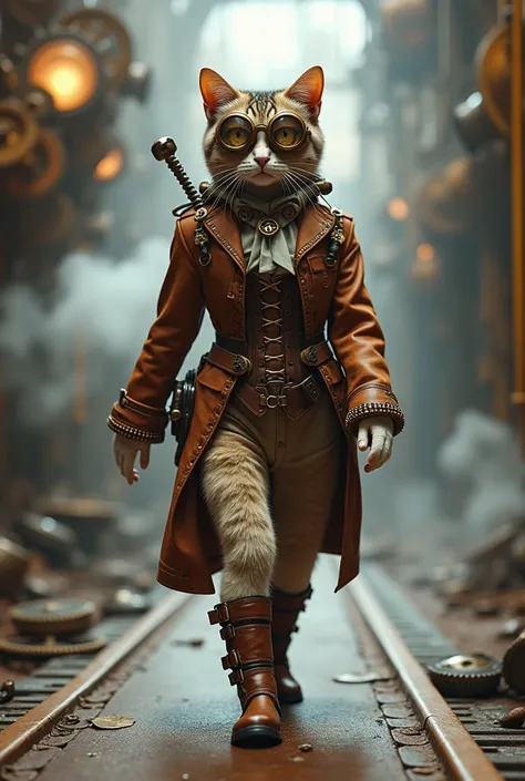 Steampunk Icon: A cat wearing a Victorian-style outfit with a brown leather corset, goggles, and mechanical accessories. The setting features a steampunk-themed runway with gears and steam effects.