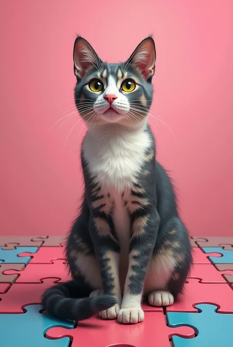 there is a cat sitting on a puzzle piece with a pink background, a jigsaw puzzle inspired by Clara Peeters, pixabay contest winner, photorealism, anthropomorphic female cat, mottled coloring, in a painting of a cat, a painting of a cat, painting of a cat, ...