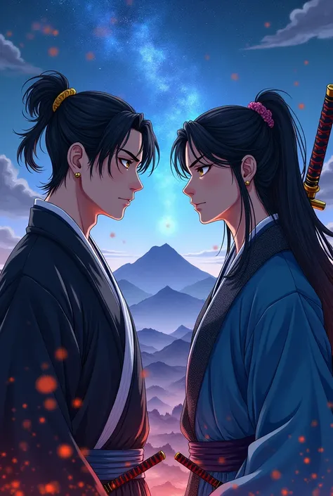  Two Japanese-looking men look at each other against the background of mountains and the starry sky. more realistic, Live Style . 

 The first has hair in a high ponytail .  The bangs on the sides frame the face . Earring in ear. Black and Blue hair . swor...