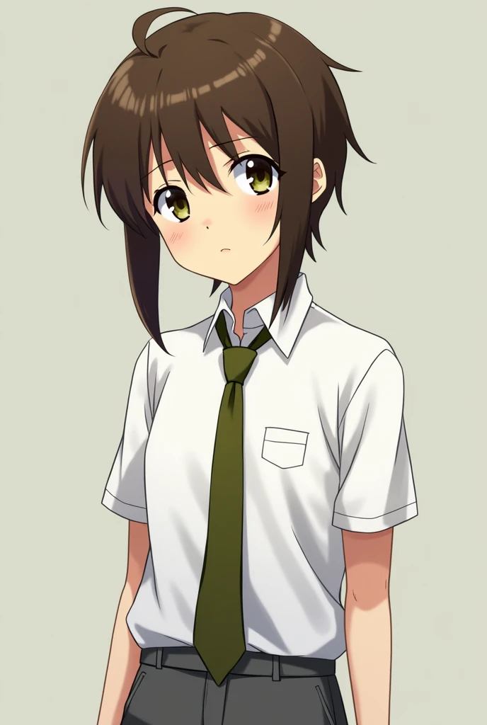 An anime high schooler in white shirt olive green necktie grey pants brown slightly hair with an ahong olive green eyes. Serious face