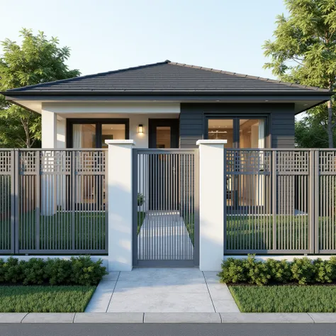 Contemporary fence design featuring a combination of hollow steel posts, metal panels, and laser-cut ornamental details for both strength and aesthetic appeal, focusing on a clean and elegant look. Ensure the background showcases a couple’s home, with the ...