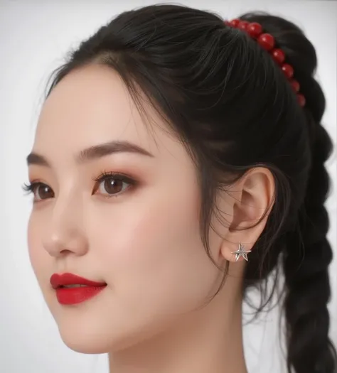 Closeup of a woman wearing red lipstick and ponytail, Professional Makeup,  Popular Korean Makeup , south east asian Round Face,   Popular Korean makeup  ,  yanjun chengt , Inspired by Huang Ji, Clear lips and high quality ,  Sexy face with full makeup , R...