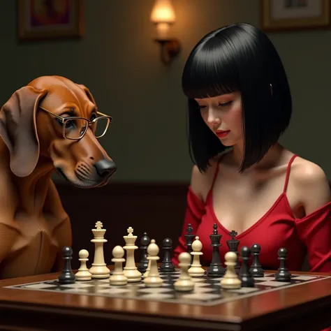 top quality, masterpiece, hi-res, A bloodhound dog playing chess with a pretty girl with a black haired bob cut, she is wearing a red silk crop top, the bloodhound, has floppy ears and he is wearing glasses,  Photorealistic: