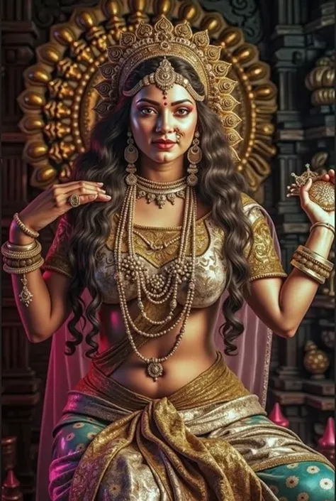 Nude chubby Indian goddess laxmi in temple ,in silver jewellery and golden crown,showing her big breast, nipples and pink pussy to the camera 