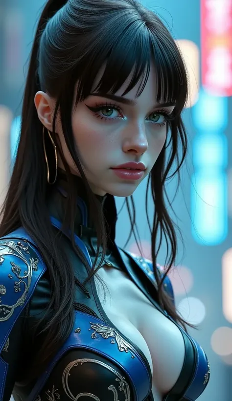 Big black eyes, aura, light brown wavy long hair, black and blue sci-fi armor, sci-fi style, high quality, atmosphere, war