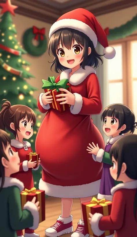 Hina, still dressed as Santa Claus, is standing with a large red gift sack in her hands. She’s smiling warmly as she reaches into the sack and pulls out gifts, handing them to the excited ren around her. Some of the ren are eagerly waiting with wide eyes, ...