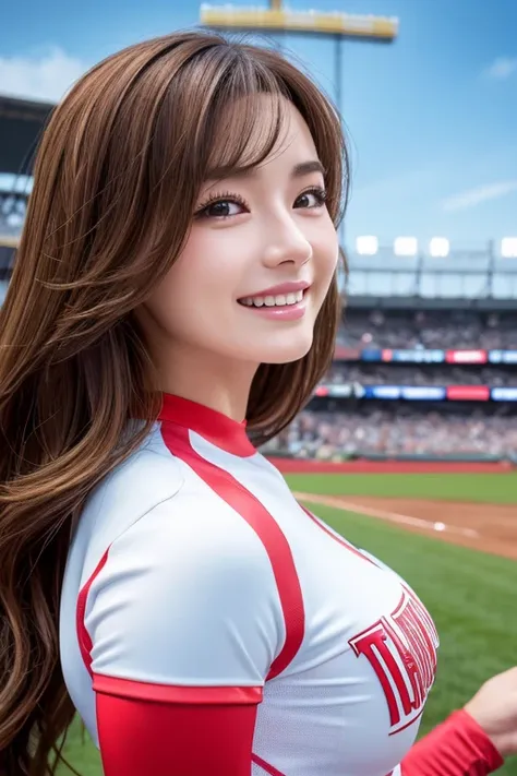   super detailed  ,  bright color,(8k:1.5),Masseter muscle part,  very beautiful and detailed face and eyes  ,Age 25, チアガール(  Latex Cheerleader Uniform),   mature woman, /(Brown Hair/) ,  (Laugh brightly),  Latex uniform  、  outdoor, audience,(Baseball Sta...