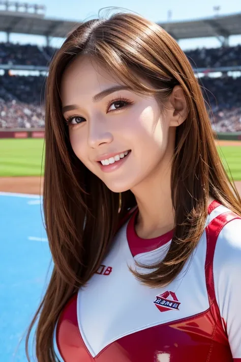   super detailed  ,  bright color,(8k:1.5),Masseter muscle part,  very beautiful and detailed face and eyes  ,Age 25, チアガール(  Latex Cheerleader Uniform),   mature woman, /(Brown Hair/) ,  (Laugh brightly),  Latex uniform  、  outdoor, audience,(Baseball Sta...