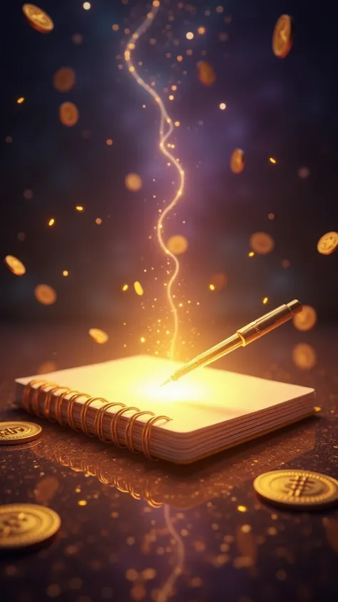 "A mystical and empowering image showcasing a notebook as a support item that connects ideas directly to financial fortune. The notebook glows with golden light, placed on a polished surface surrounded by floating coins, trails of shimmering energy, and ra...