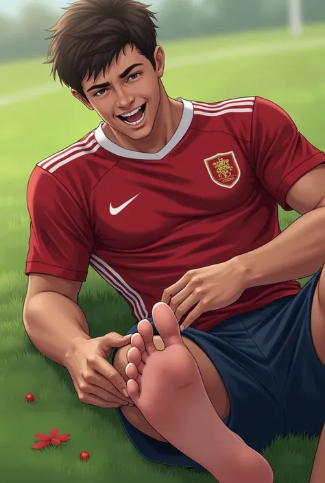 A male soccer player who is tickled with the soles of his bare feet by a man