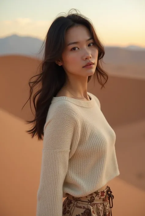 Asian Woman Wearing Crem Knit Sweater Inscribed Lutfianie Skirt Cargo Hair Model Polwan Background Dusk Atmosphere In The Desert