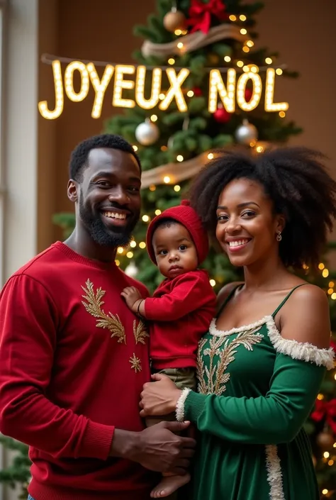 Une famille afro composée de trois personnes : un père, une mère et une petite fille de 2 ans. Le père a une barbe soignée, porte un pull rouge de Noël avec des motifs festifs, et sourit chaleureusement. La mère a des cheveux crépus bien coiffés, porte une...