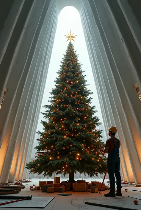 an architecture engineer builiding a christmas tree with a big star at the top in the middle of an architecture builiding with engineering tools