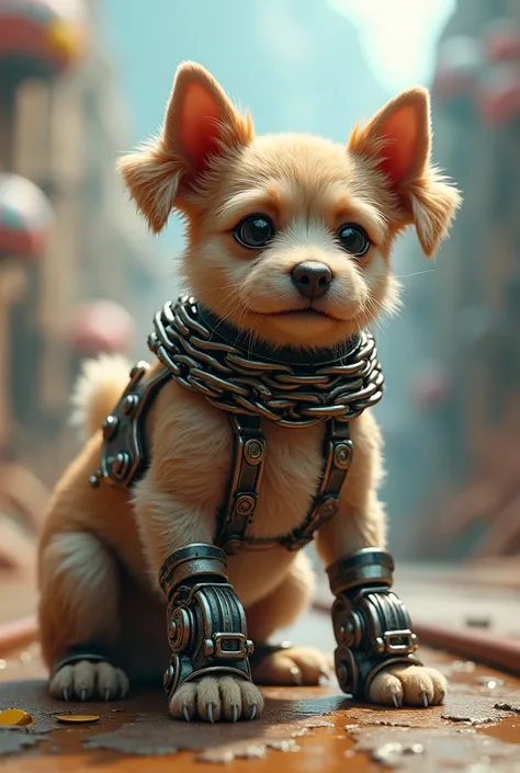 A dog setting with a super bike chain collar and pedal-shaped paws.