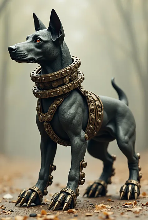 A dog set with a super bike chain collar and pedal-shaped paws.