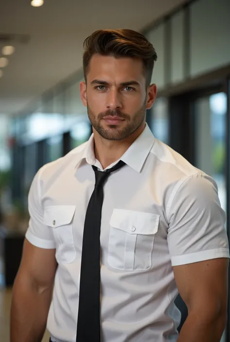  A super attractive and extremely handsome man,  dressed as a security guard , wearing white shirts .