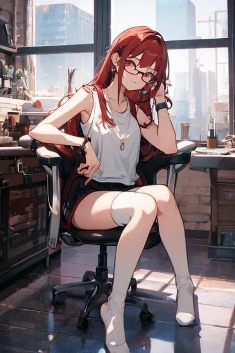 red haired woman dressed with socks, shorts and a tank top sitting in a chair, 1girl, indoors, solo, glasses, thighhighs, long hair, shorts, jewelry, white thighhighs