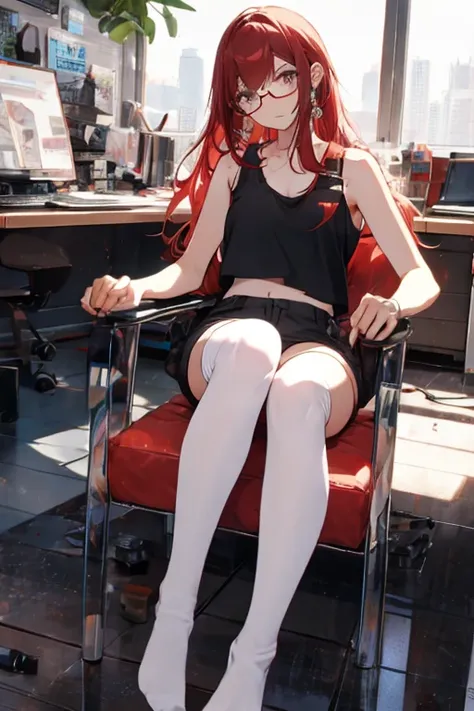 red haired woman dressed with socks, shorts and a tank top sitting in a chair, 1girl, indoors, solo, glasses, thighhighs, long hair, shorts, jewelry, white thighhighs