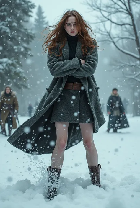 Emma watson, hermione granger, fighting voldemort, woolen skirt, bare legs, griffindor coat, turtleneck, snowy outdoors, full body, blizzard spell hitting her exposed legs, she is in pain, moaning, eyes wide open, thick thighs, pale white skin, snow blast ...