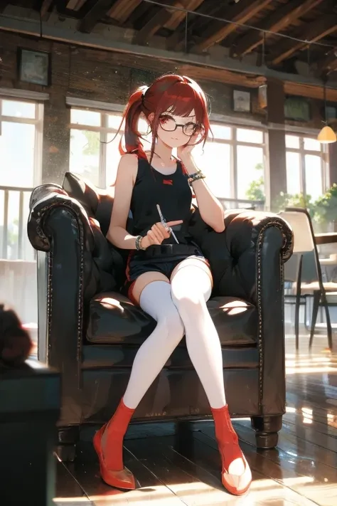 red haired woman dressed with socks, shorts and a tank top sitting in a chair, 1girl, indoors, solo, glasses, thighhighs, long hair, shorts, jewelry, white thighhighs