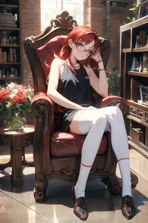 red haired woman dressed with socks, shorts and a tank top sitting in a chair, 1girl, indoors, solo, glasses, thighhighs, long hair, shorts, jewelry, white thighhighs