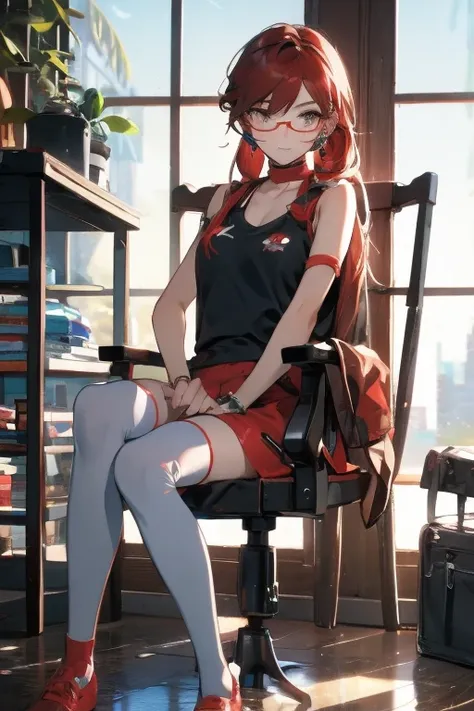 red haired woman dressed with socks, shorts and a tank top sitting in a chair, 1girl, indoors, solo, glasses, thighhighs, long hair, shorts, jewelry, white thighhighs