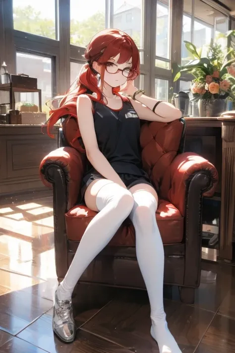 red haired woman dressed with socks, shorts and a tank top sitting in a chair, 1girl, indoors, solo, glasses, thighhighs, long hair, shorts, jewelry, white thighhighs