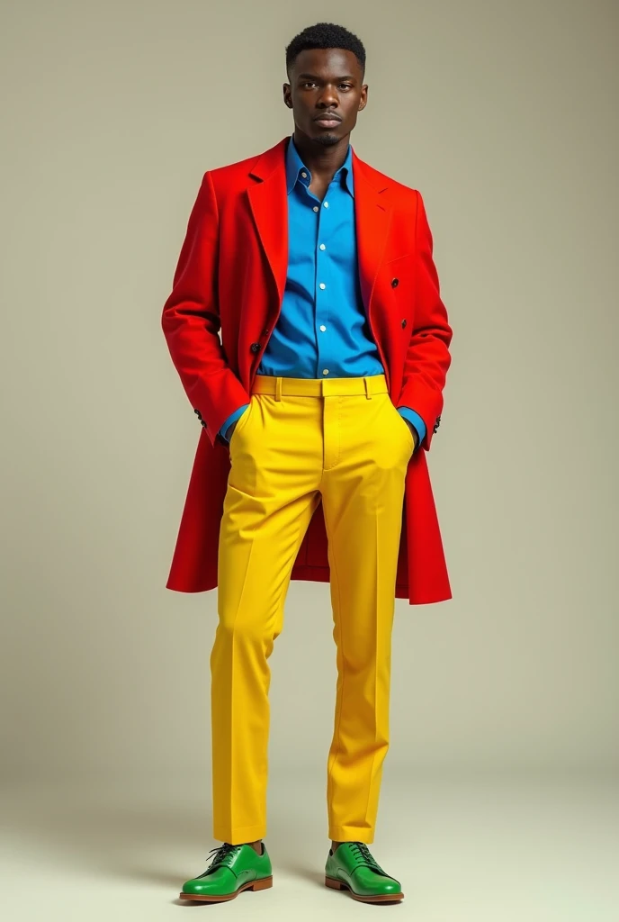 A man wear yellow trousers blue shirt red coat green shoes 