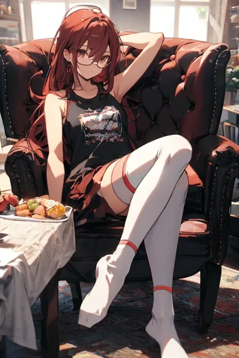 red haired woman dressed with socks, shorts and a tank top sitting in a chair, 1girl, indoors, solo, glasses, thighhighs, long hair, shorts, jewelry, white thighhighs