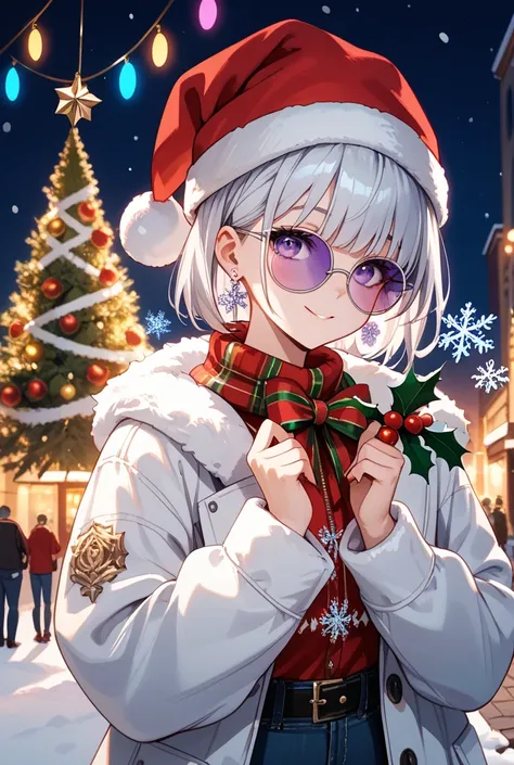 “A stylish anime character with silver hair, wearing round purple-tinted sunglasses, and vibrant purple eyes that stand out. The character is dressed in a cozy white winter coat with fur trim and a red Santa hat adorned with festive decorations like holly,...