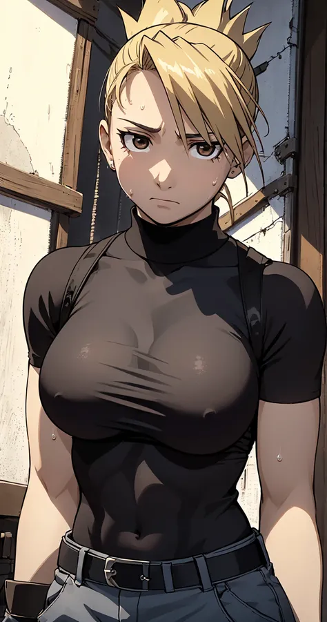 masterpiece,  top quality ,  high res,  One Girl , Hamriz,  ponytail,  brown eyes,big ,   black shirt  ,   Tight Shirt  , , Short sleeve, belt,  covered navel , blue pants ,indoor、 upper body close-up、 muscular body flowing through a bowl、、sweat、Compositio...