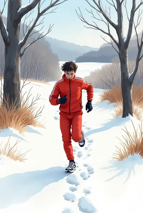 Watercolor illustration of a young man in a jumpsuit running in a winter park