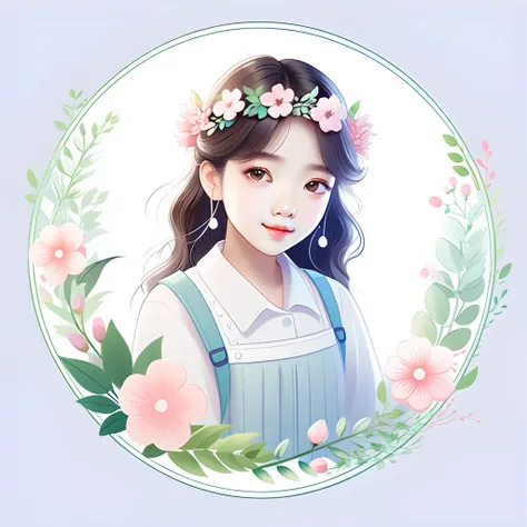 ((best quality)),((masterpiece)),((ultra-detailed)),(illustration),(detailed light),(an extremely delicate and beautiful),a girl,cute face,plant house,glass,[(white background:1.5),:5],simple background,wreath,(round floral framed:1.5),cropped shoulder,upp...