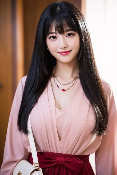        High Definition      ,bangs、    black hair、    semi-long、      brown eyes   、 Big Breasts ,      cute coat model body type  、167 cm    、22 years old、    cute face、smile、      Natural Cosmetics  、  Japanese  、Idol singer 、    handbag    、ribbon、     ...