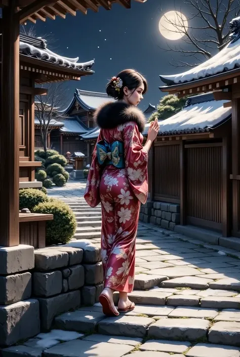 New Year、One woman、first visit of the year to a shrine、 wrap fur around your neck、 floral kimono、Midnight、Climb the stone stairs 、Fortune slip、Warm amazake、