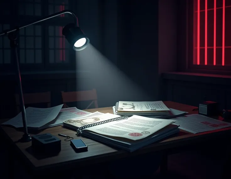 Describe: A stack of papers ,  letters and documents are placed on a dark wooden table in a room filled with neon lights .  the words “secret complaint” and “warning” are underlined on the sheets of paper,  together with a church seal .  A small recorder a...