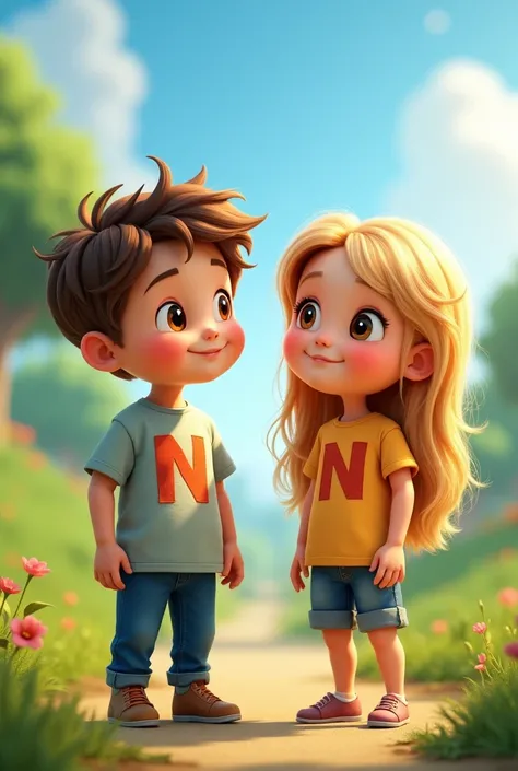 A boy with shirt with N latter and a girl with shirt with N latter