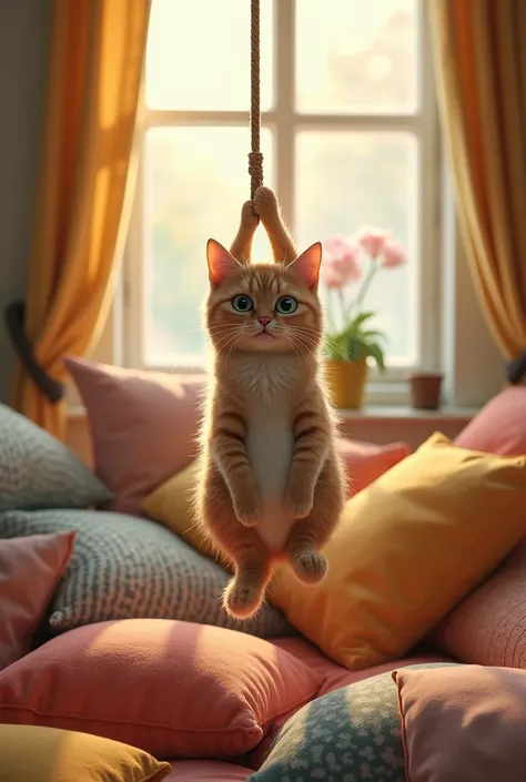 "A clever cat hanging from a rope, pretending to be dead, in a cozy room filled with colorful cushions and a window showing a sunny day."