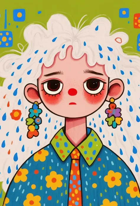  A painting，Pastel Art， Hand drawn cartoon style,   2 d gouache illustration  ,  Colorful illustration , Cute cartoon ,   cute illustration ：White Cloud ， Cute boy，Round eyes，Red Nose，Colored Rain  