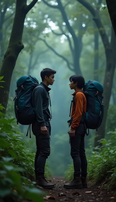 Two handsome and beautiful indonesia climbing couples are having a serious chat in the forest carrying large backpacks, night atmosphere