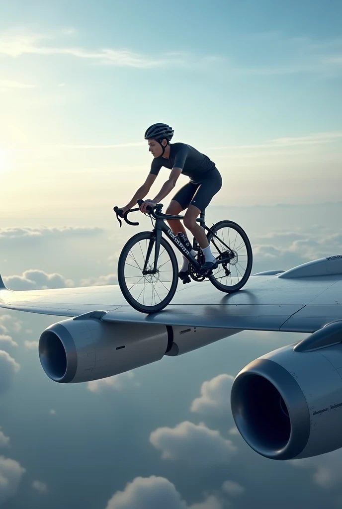 A man riding roadbike on top of commercial plane wing
