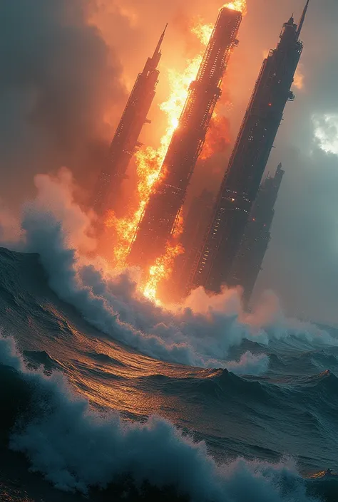 A space city plunges burning into the sea.