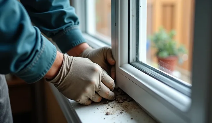 Make a photorealistic image of a worker repairing a plastic window.  Changes the seal of a plastic window. The face should not be included in the frame of the view from the back