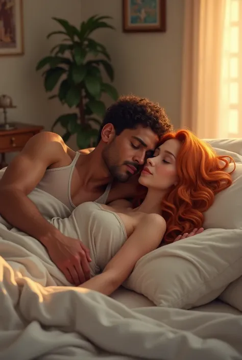 A realistic brown-skinned man and a white ginger-haired woman lying on a bed, hugging each other affectionately. The man has short, curly hair, and the woman has long, wavy ginger hair that cascades over the pillow. The bed is adorned with soft, neutral-to...