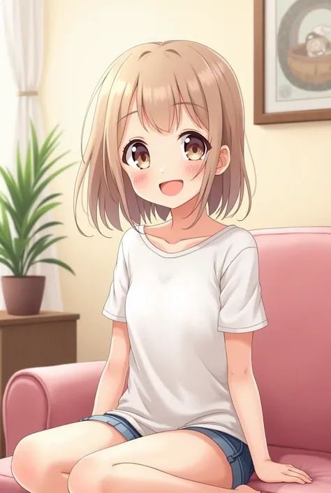 Create an anime image of a girl in a cute short white shirt sitting in her room looking with a smile 