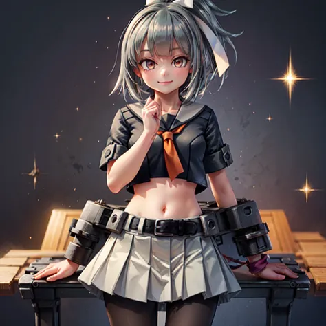 yubari (kancolle), 1girl, solo, skirt, pantyhose, grey sailor collar, grey skirt, pleated skirt, cowboy shot, school uniform, shirt, black pantyhose, sailor collar, belt, serafuku, midriff, ribbon, smile, orange neckerchief, crop top, black shirt, looking ...