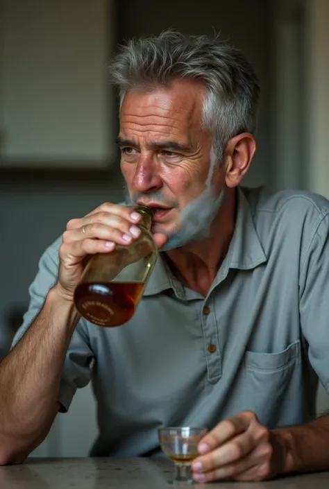 A man was holding this bottle and drinking a tablespoon. 