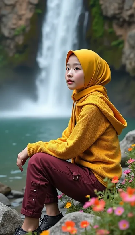 
Young Korean beautiful girl,fair skinned,well-groomed face,gold yellow hijab, gold knit hoodie,decorated with polka dot motif ,maroon cargo pants,sitting on the rocks at the edge of the waterfall surrounded by beautiful colorful flowers,with a backdrop of...