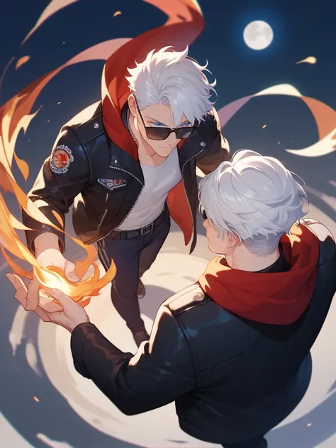 satoru gojo, grown man, white hair, sunglasses, blue eyes, the moon behind him, dark jacket, top view looking down on the man, holding flame in each hand